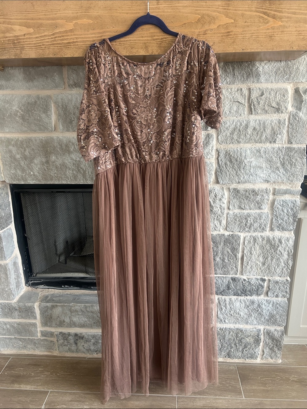 Elegant Sequin & Tulle Maxi Dress in Dusty Rose